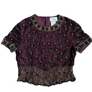 2/$18 SALE! ADRIANNA‎ PAPELL Evening Top Womens L Beaded Burgundy Floral Silk